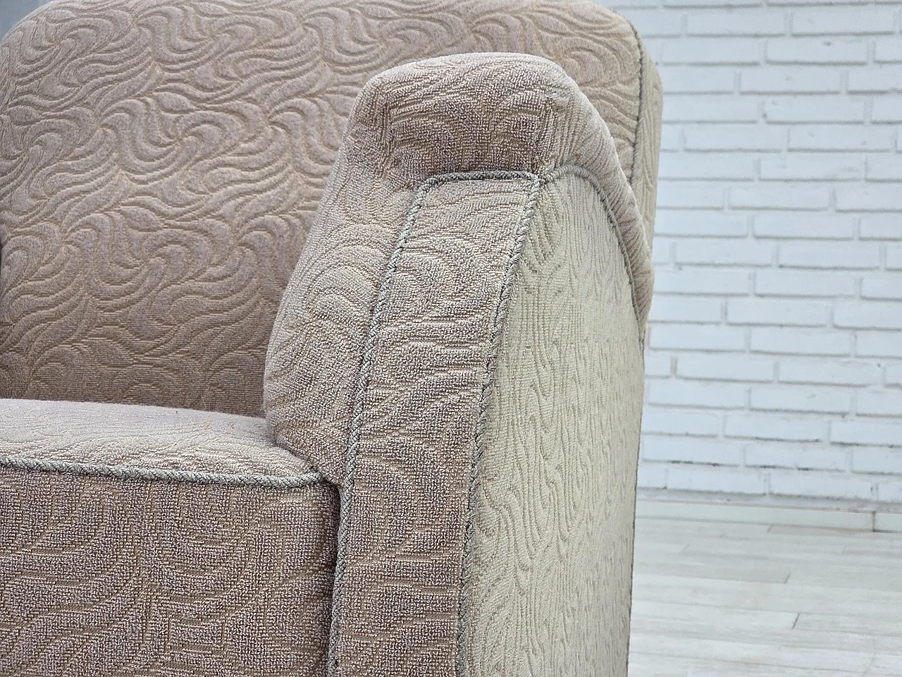 Danish art deco armchair, beige furniture wool, oak wood, 1950s 10