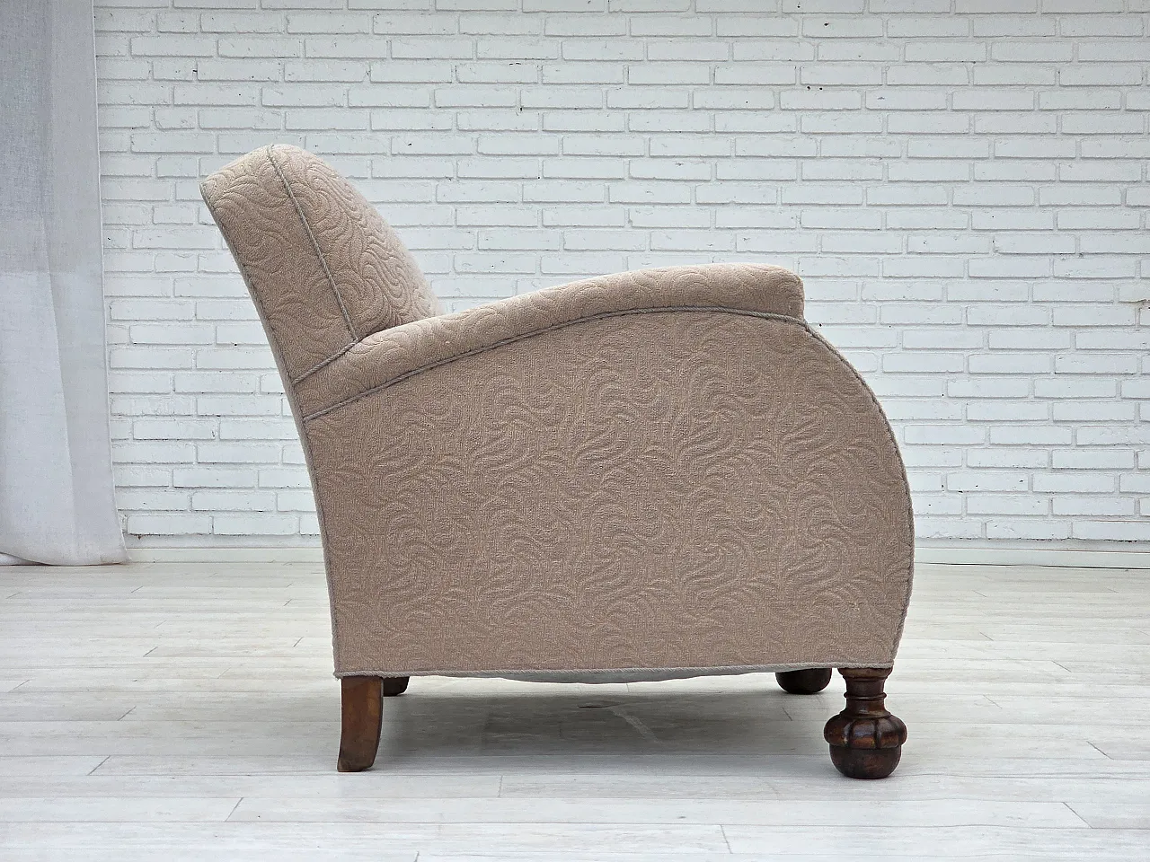Danish art deco armchair, beige furniture wool, oak wood, 1950s 11