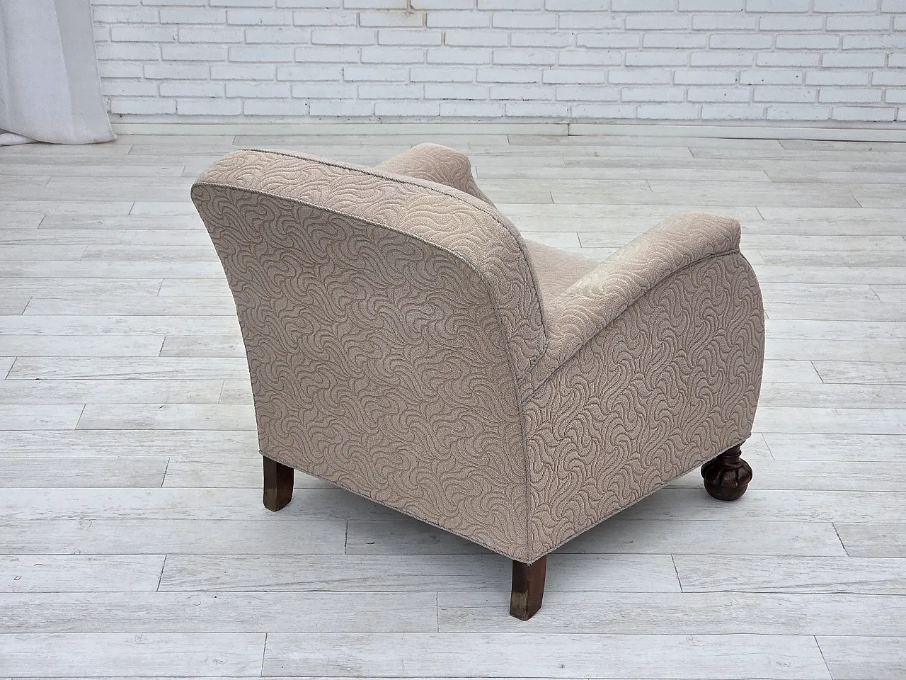 Danish art deco armchair, beige furniture wool, oak wood, 1950s 12