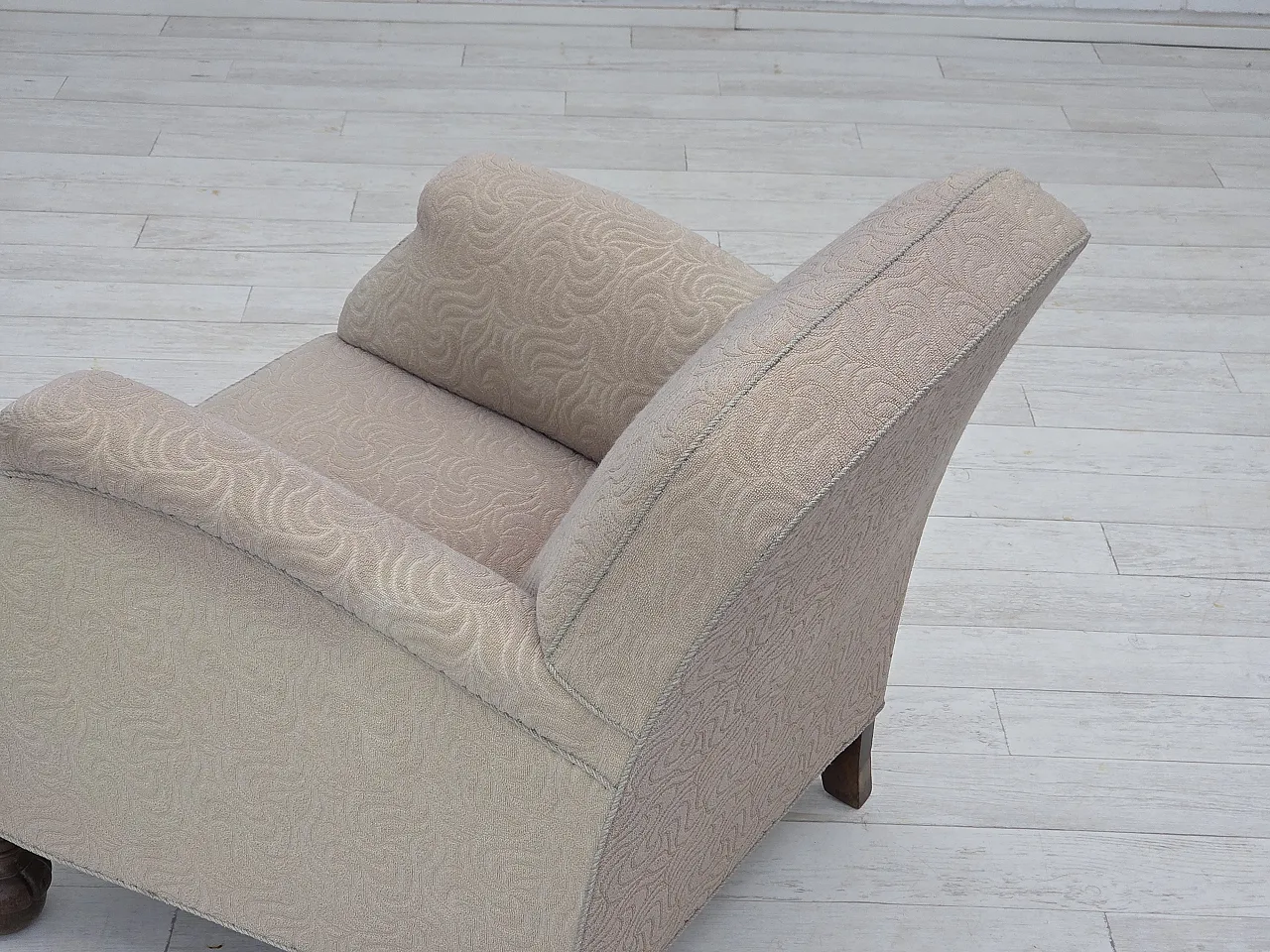 Danish art deco armchair, beige furniture wool, oak wood, 1950s 14