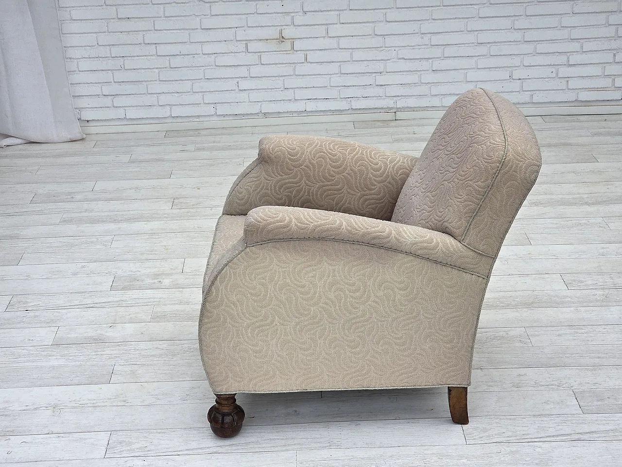 Danish art deco armchair, beige furniture wool, oak wood, 1950s 15