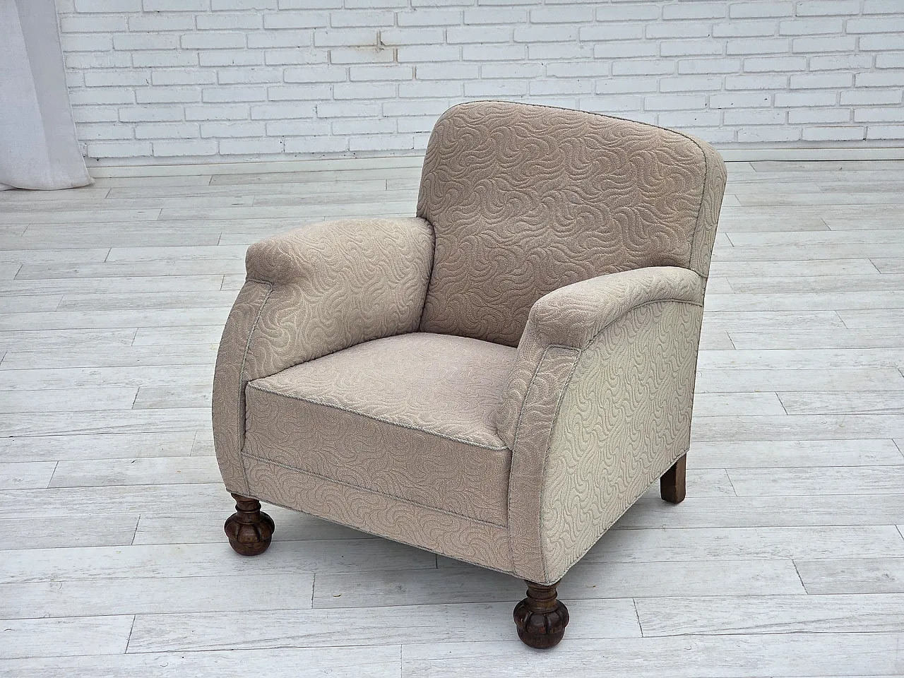 Danish art deco armchair, beige furniture wool, oak wood, 1950s 16
