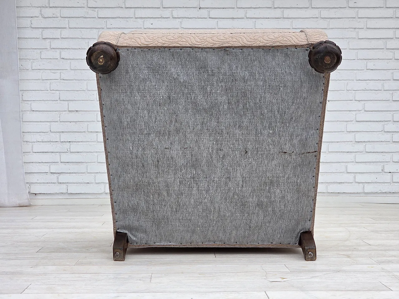 Danish art deco armchair, beige furniture wool, oak wood, 1950s 17