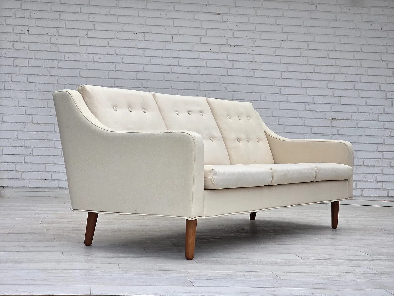 3-seater Danish sofa, beige/white furniture wool, teak wood, 1970s 1