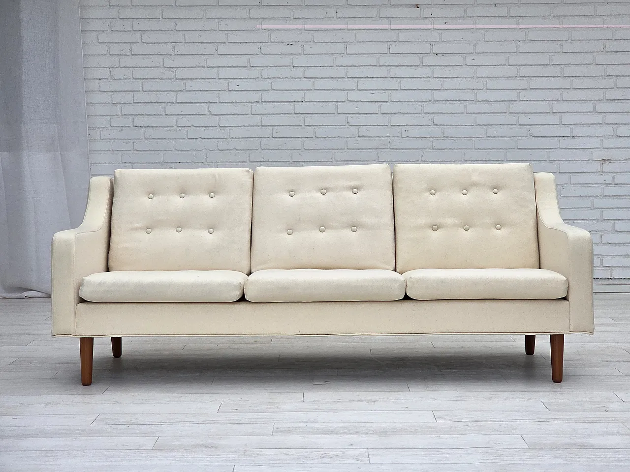3-seater Danish sofa, beige/white furniture wool, teak wood, 1970s 2