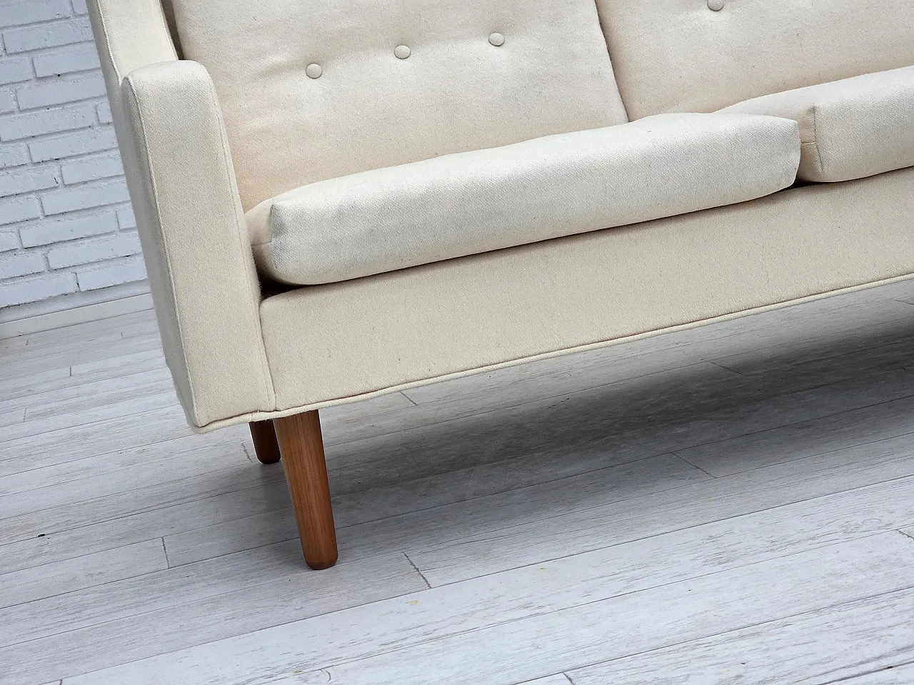 3-seater Danish sofa, beige/white furniture wool, teak wood, 1970s 3