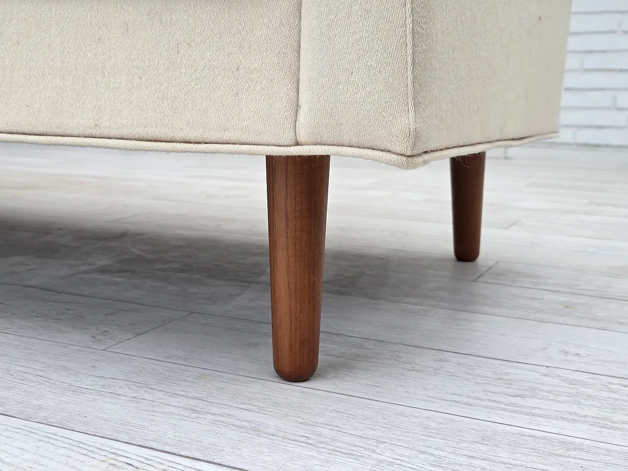 3-seater Danish sofa, beige/white furniture wool, teak wood, 1970s 5