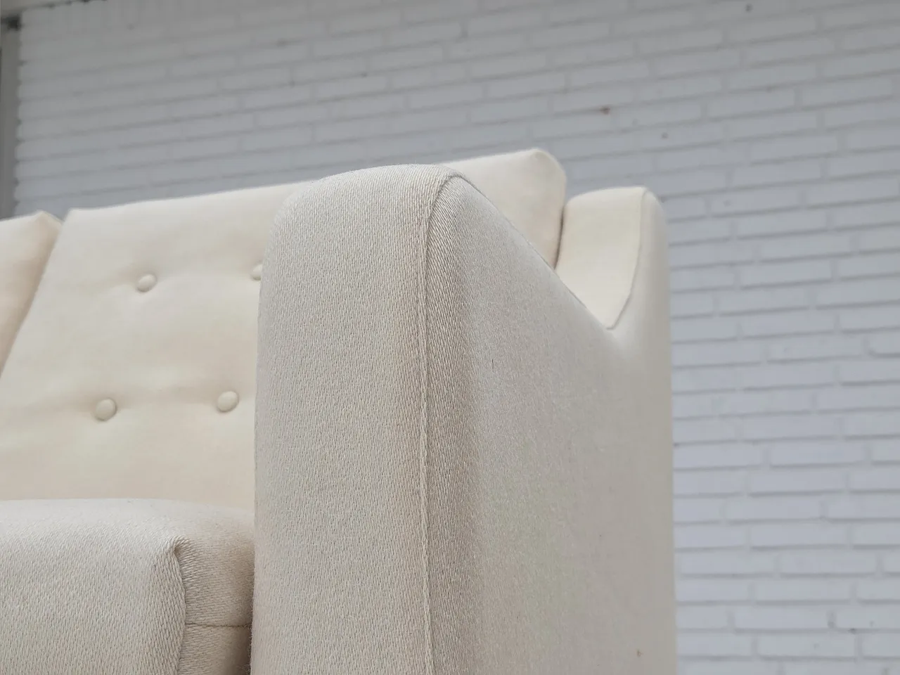 3-seater Danish sofa, beige/white furniture wool, teak wood, 1970s 6