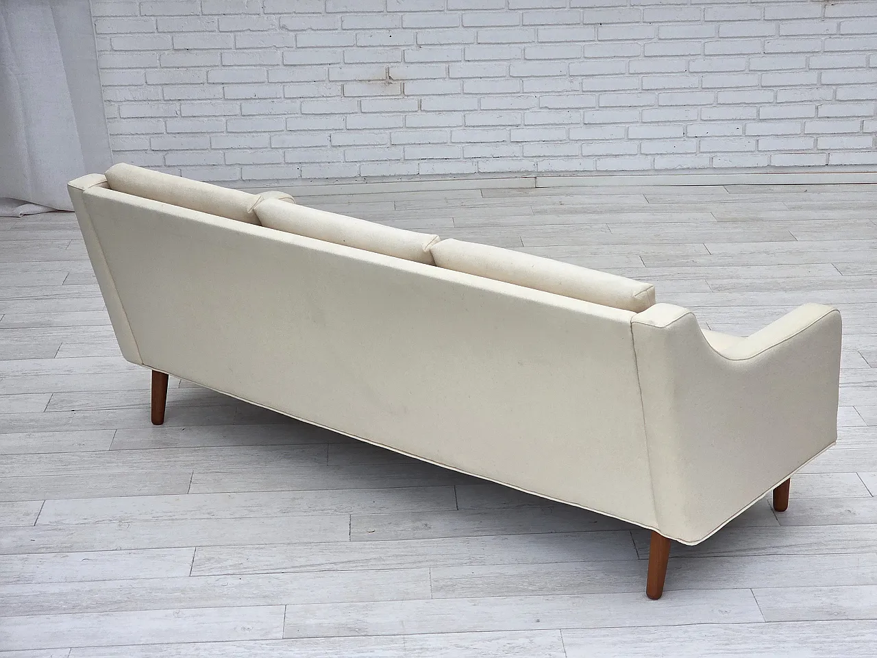 3-seater Danish sofa, beige/white furniture wool, teak wood, 1970s 8