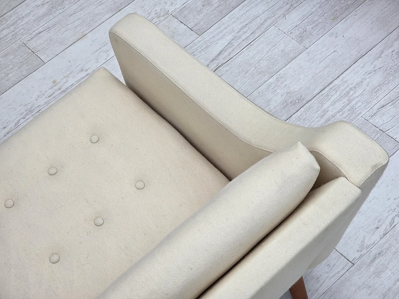 3-seater Danish sofa, beige/white furniture wool, teak wood, 1970s 10
