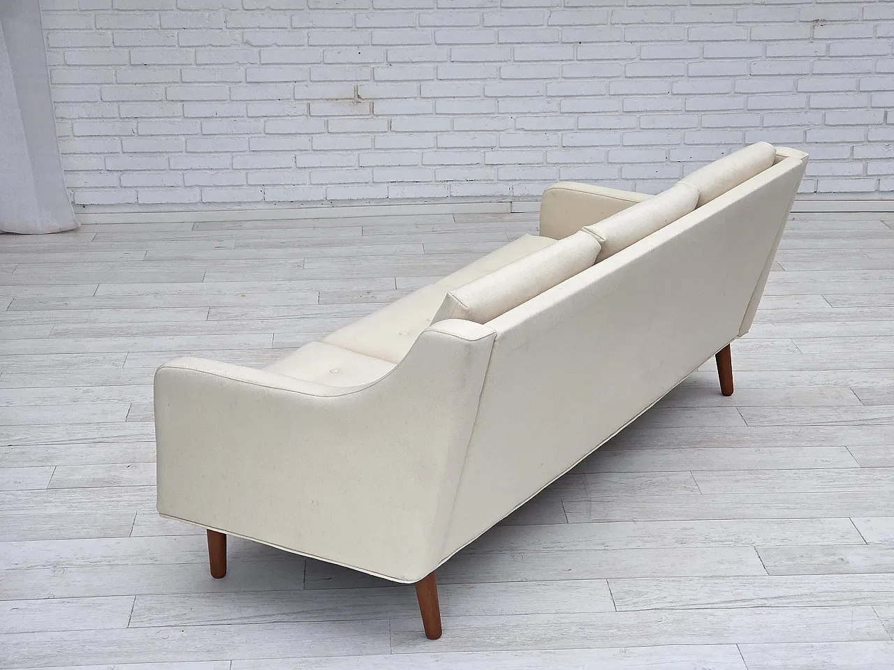 3-seater Danish sofa, beige/white furniture wool, teak wood, 1970s 11