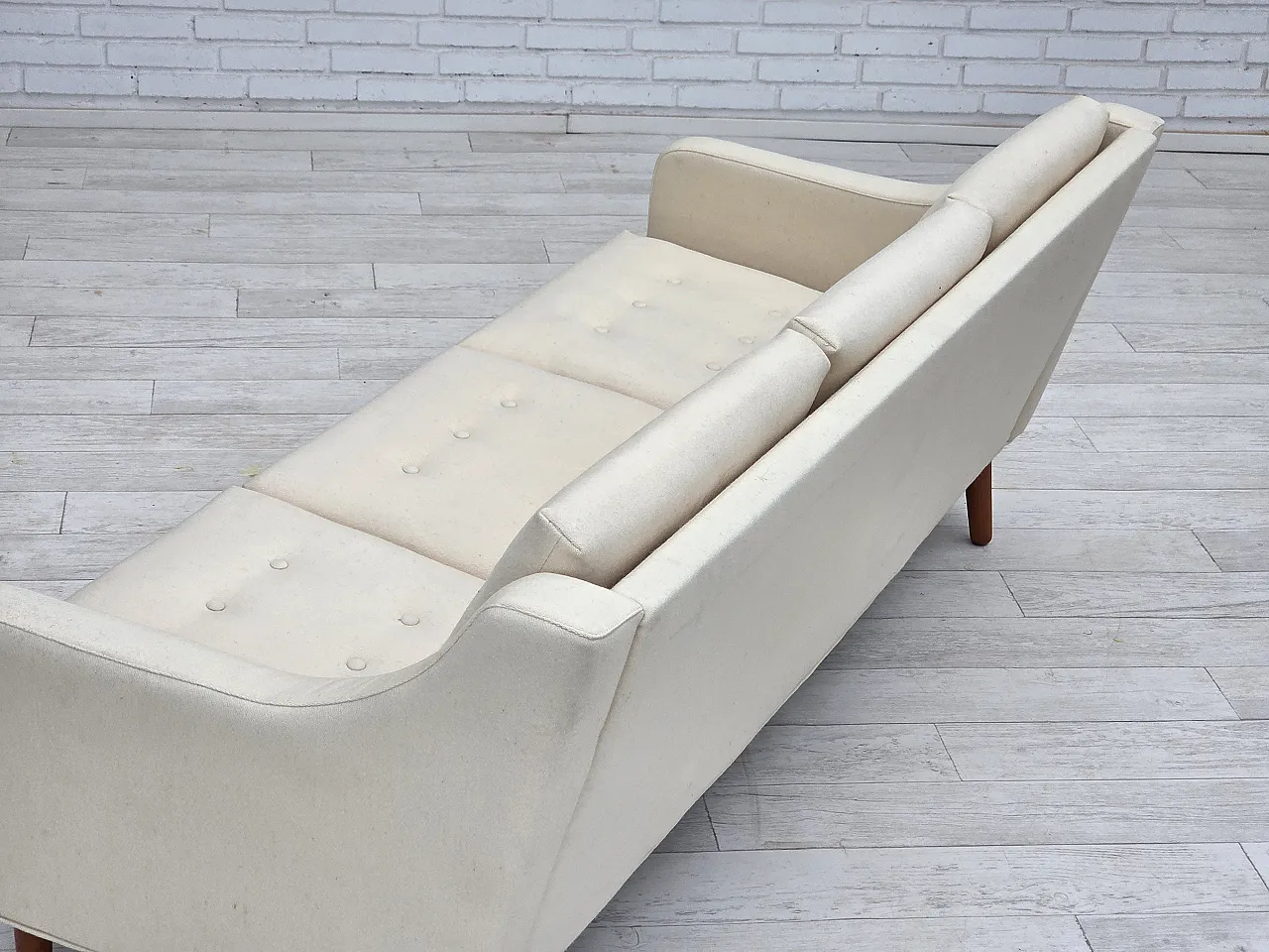 3-seater Danish sofa, beige/white furniture wool, teak wood, 1970s 12