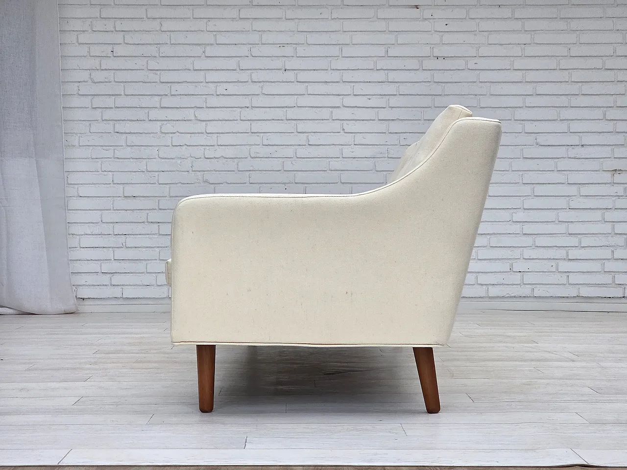 3-seater Danish sofa, beige/white furniture wool, teak wood, 1970s 13