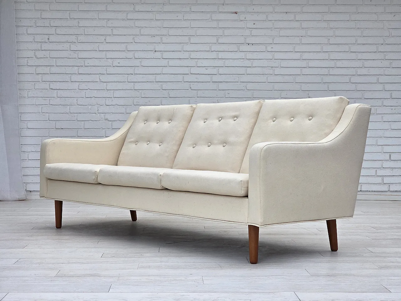 3-seater Danish sofa, beige/white furniture wool, teak wood, 1970s 14