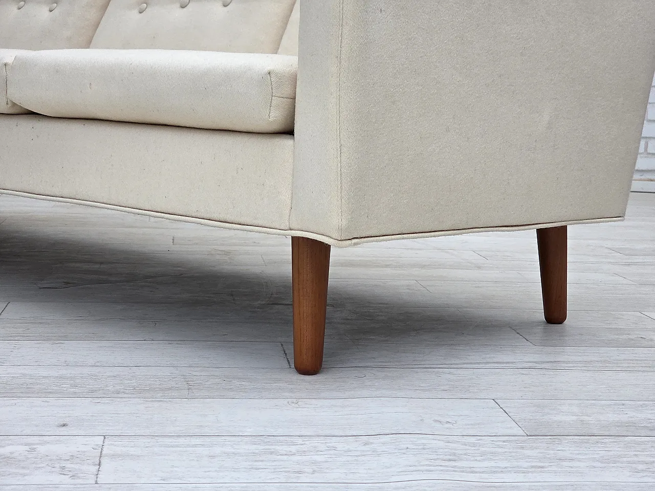 3-seater Danish sofa, beige/white furniture wool, teak wood, 1970s 15
