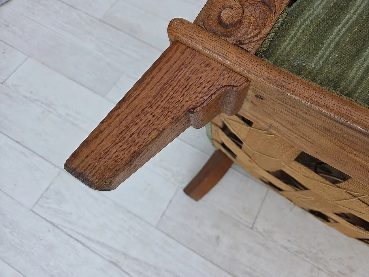 Anni '60, divano danese a 3 posti, velluto per mobili verdi, legno di quercia. 20