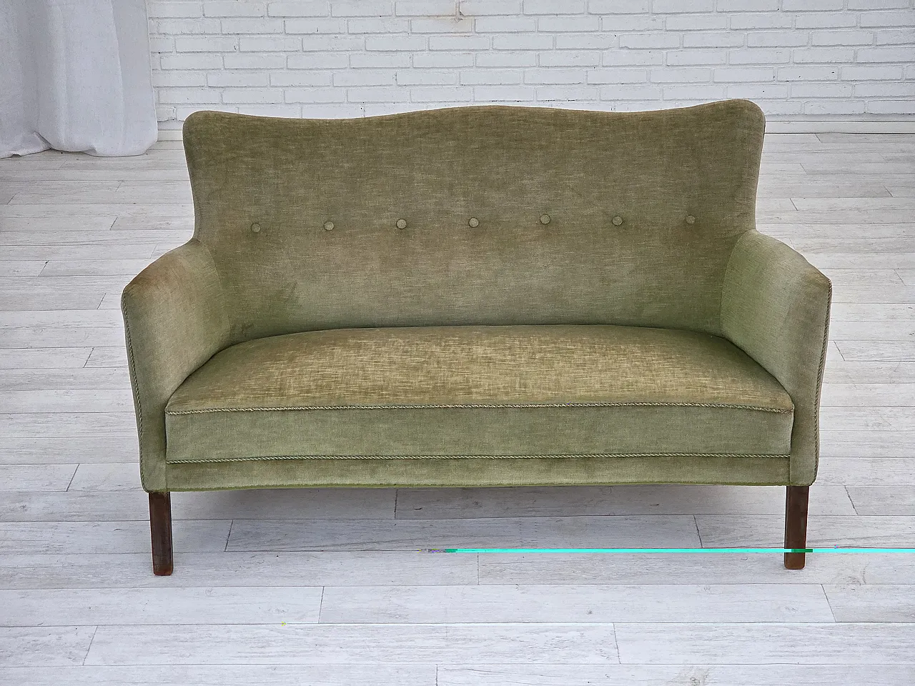 Danish curved 2-seater sofa velour, beech wood, 1960s 2