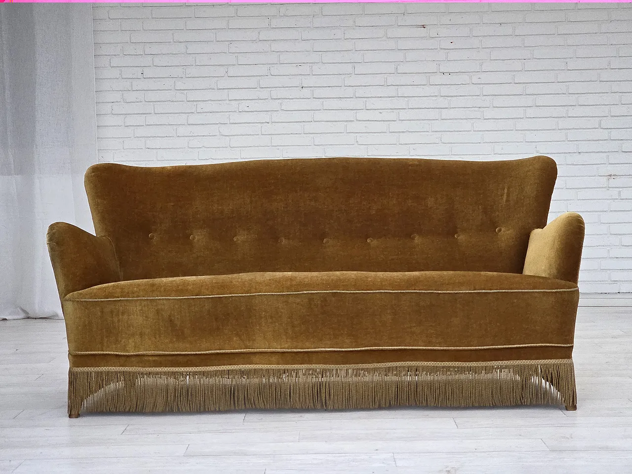 Danish 3-seater sofa, honey-yellow velour, beech wood, 1960s 1
