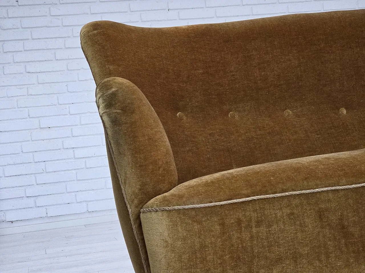 Danish 3-seater sofa, honey-yellow velour, beech wood, 1960s 3