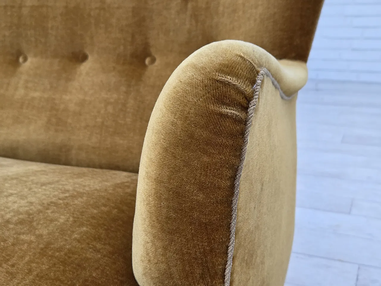 Danish 3-seater sofa, honey-yellow velour, beech wood, 1960s 4