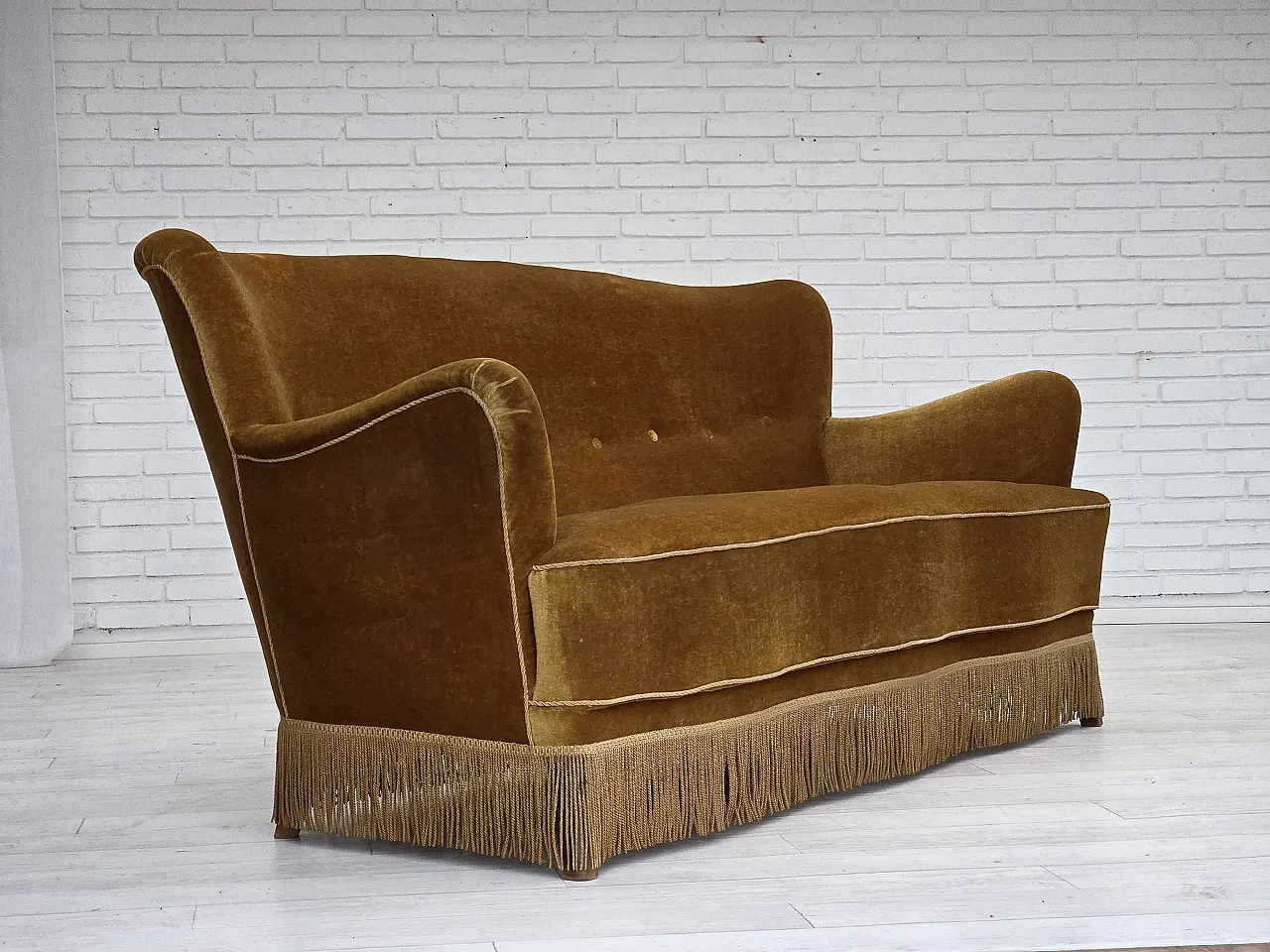Danish 3-seater sofa, honey-yellow velour, beech wood, 1960s 5