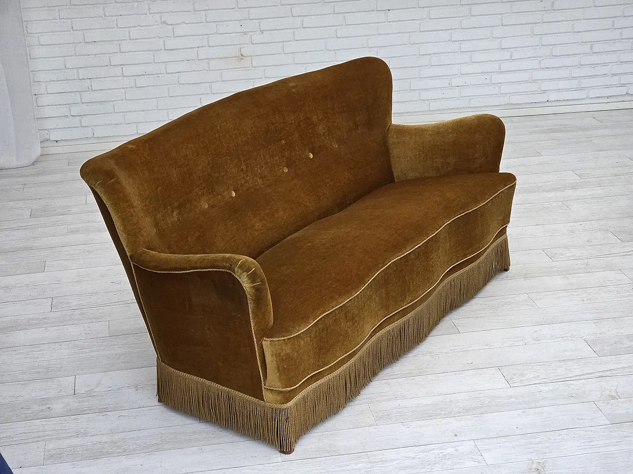 Danish 3-seater sofa, honey-yellow velour, beech wood, 1960s 6