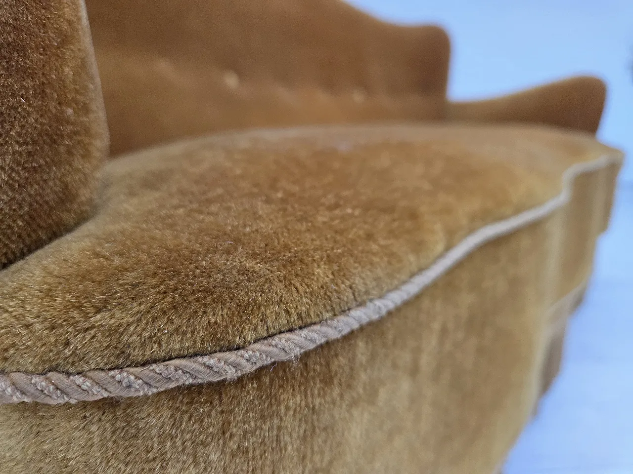 Danish 3-seater sofa, honey-yellow velour, beech wood, 1960s 7