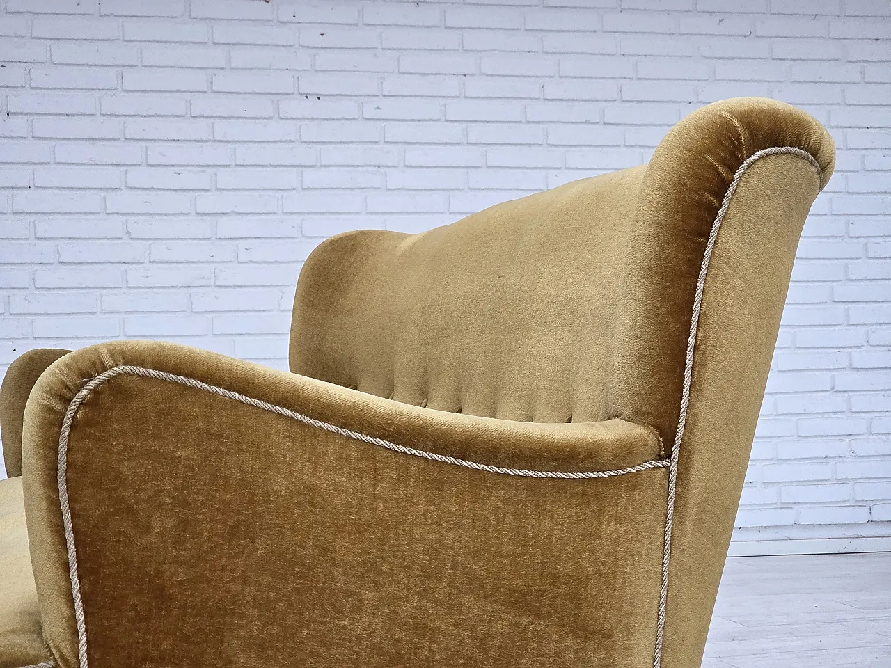 Danish 3-seater sofa, honey-yellow velour, beech wood, 1960s 15