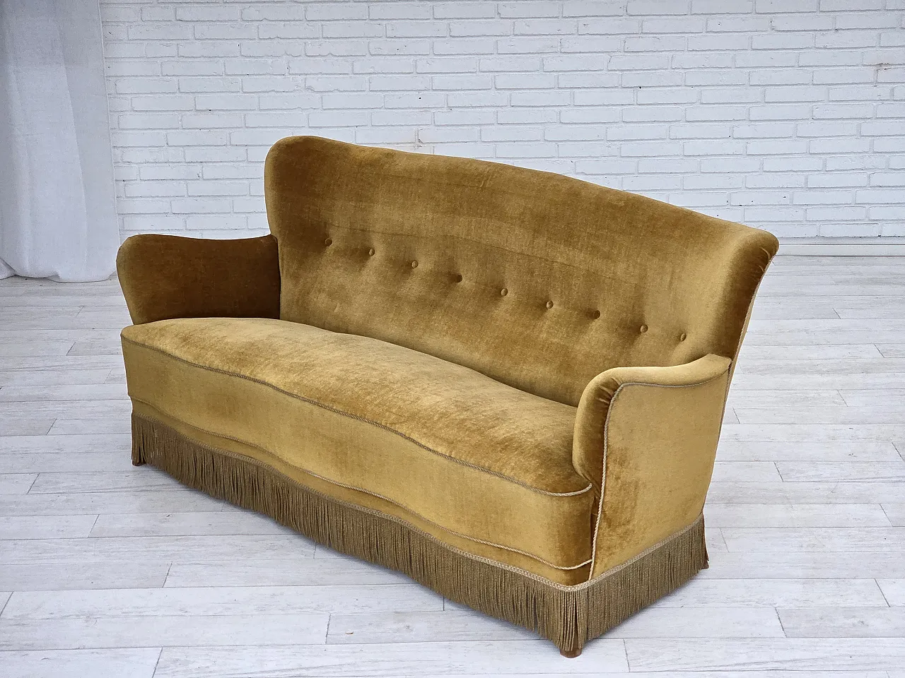 Danish 3-seater sofa, honey-yellow velour, beech wood, 1960s 16