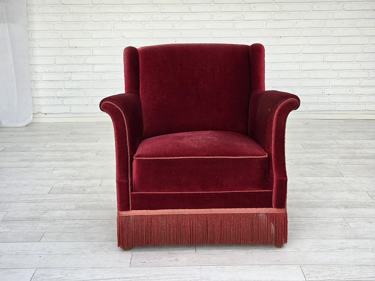 Danish armchair, cherry-red furniture velour, 1960s 1