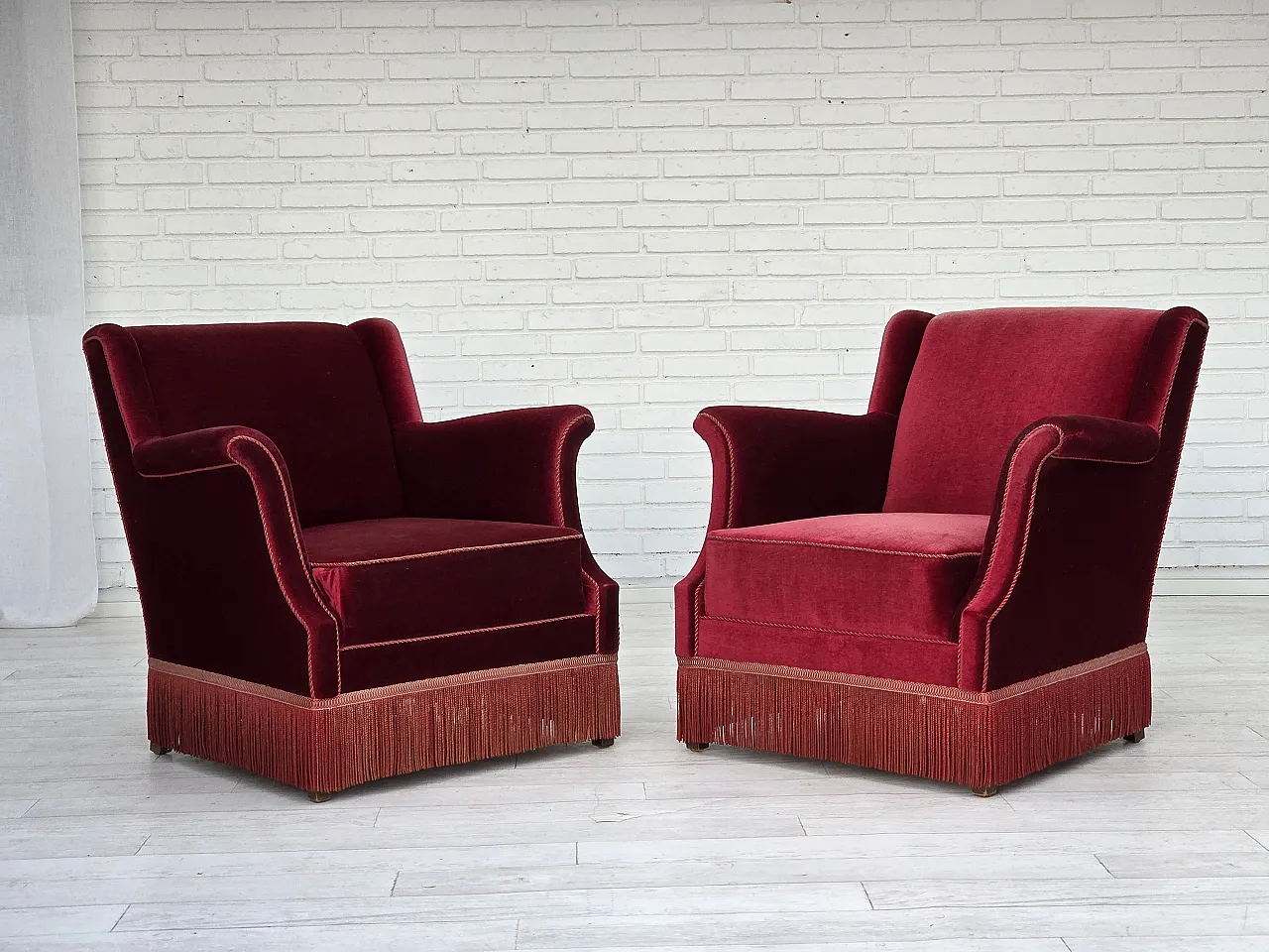 Danish armchair, cherry-red furniture velour, 1960s 2