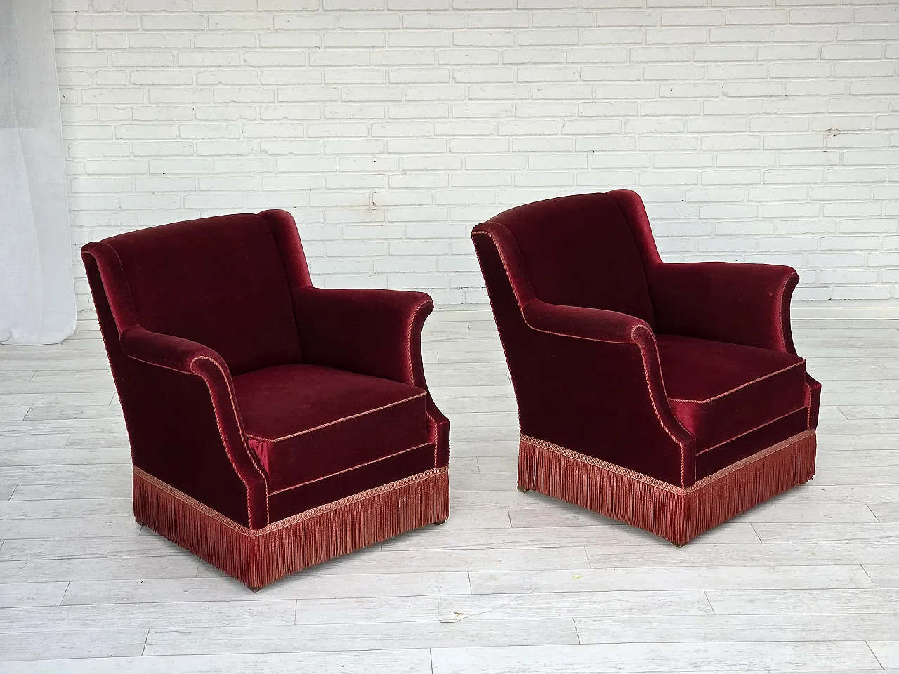 Danish armchair, cherry-red furniture velour, 1960s 3