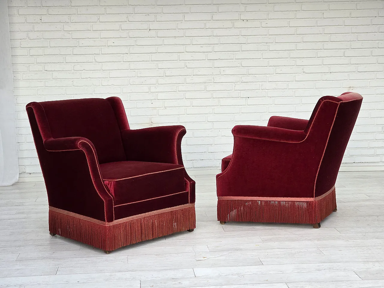 Danish armchair, cherry-red furniture velour, 1960s 4