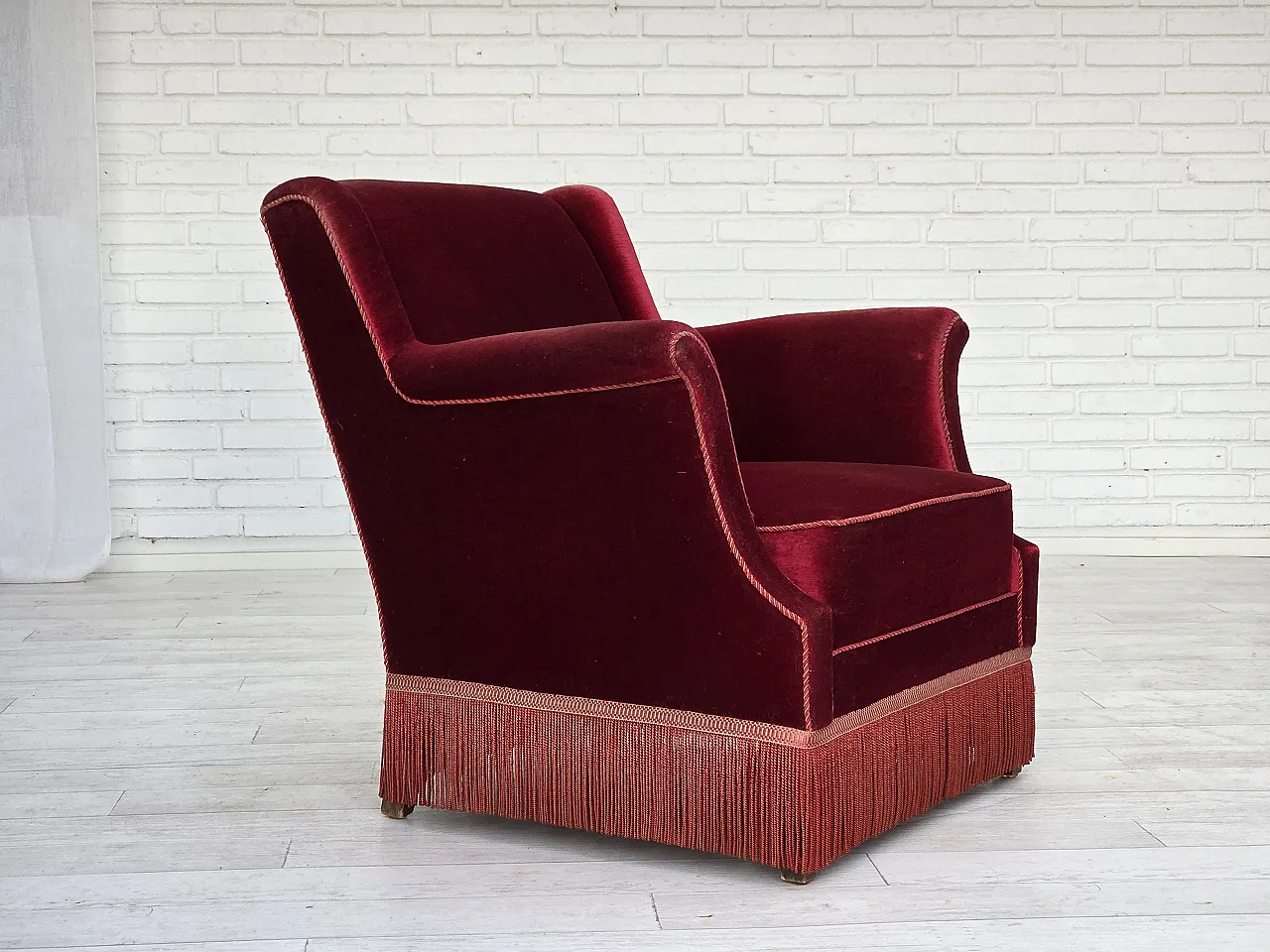 Danish armchair, cherry-red furniture velour, 1960s 5