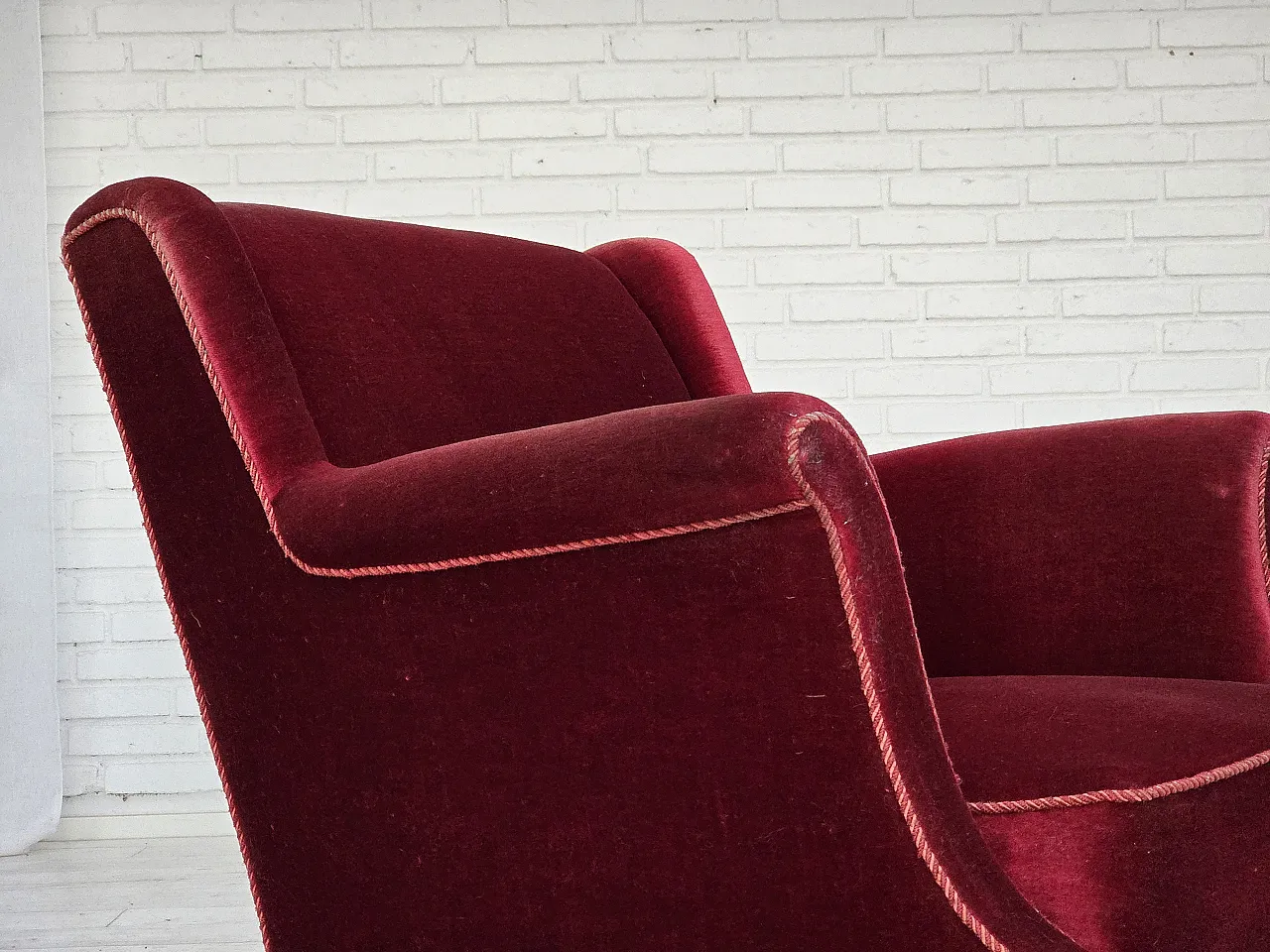 Danish armchair, cherry-red furniture velour, 1960s 6