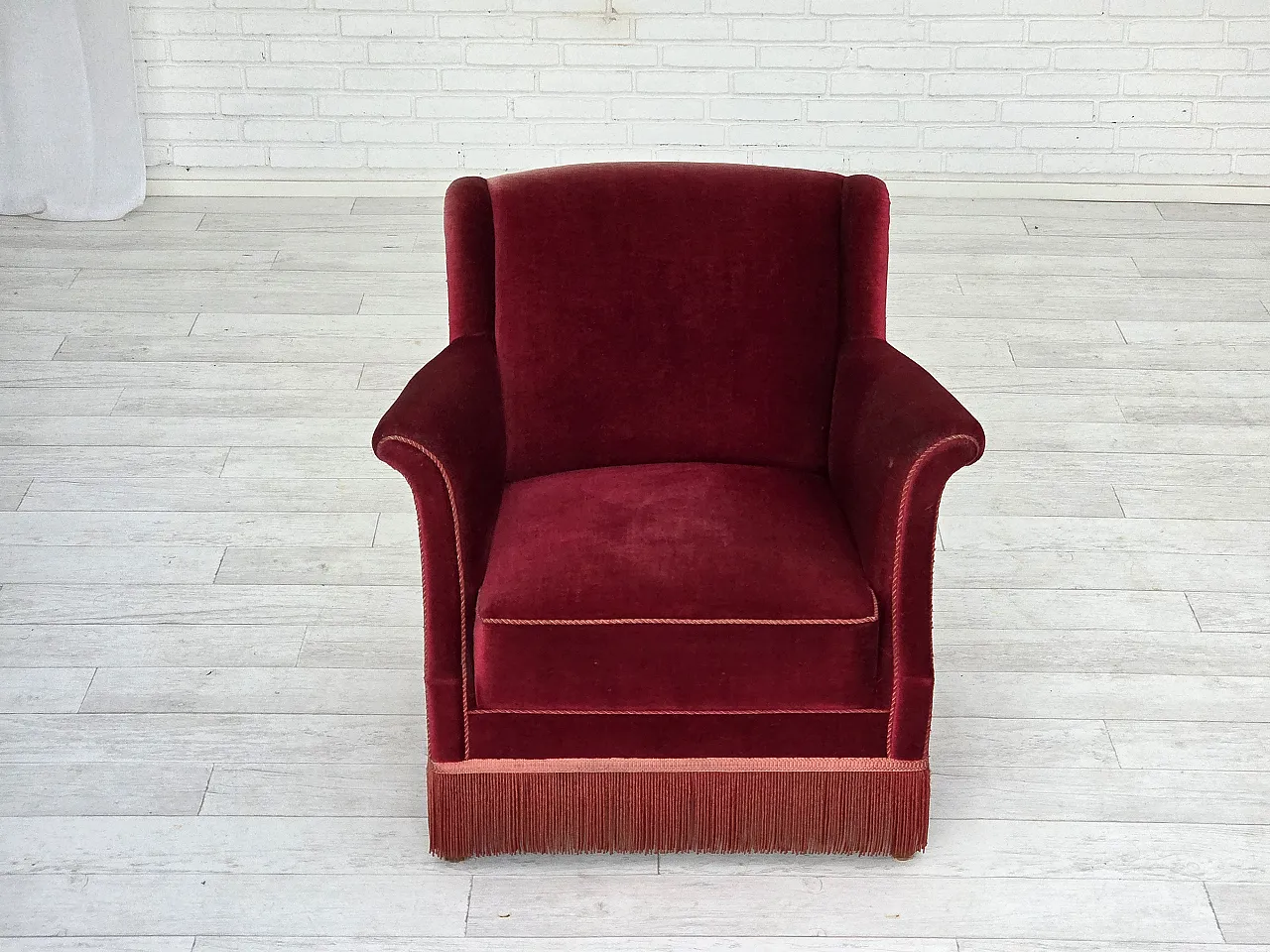 Danish armchair, cherry-red furniture velour, 1960s 7