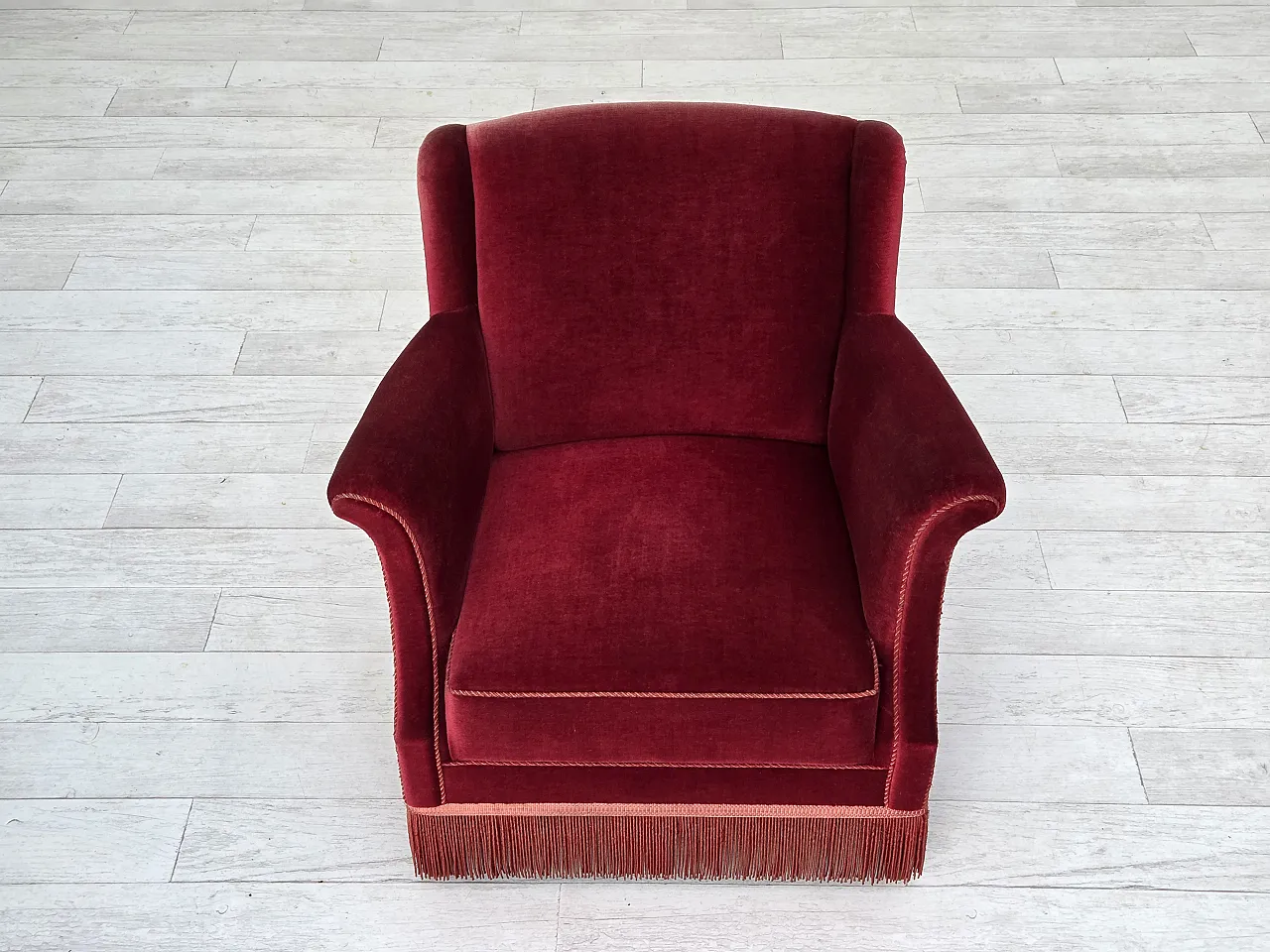 Danish armchair, cherry-red furniture velour, 1960s 9