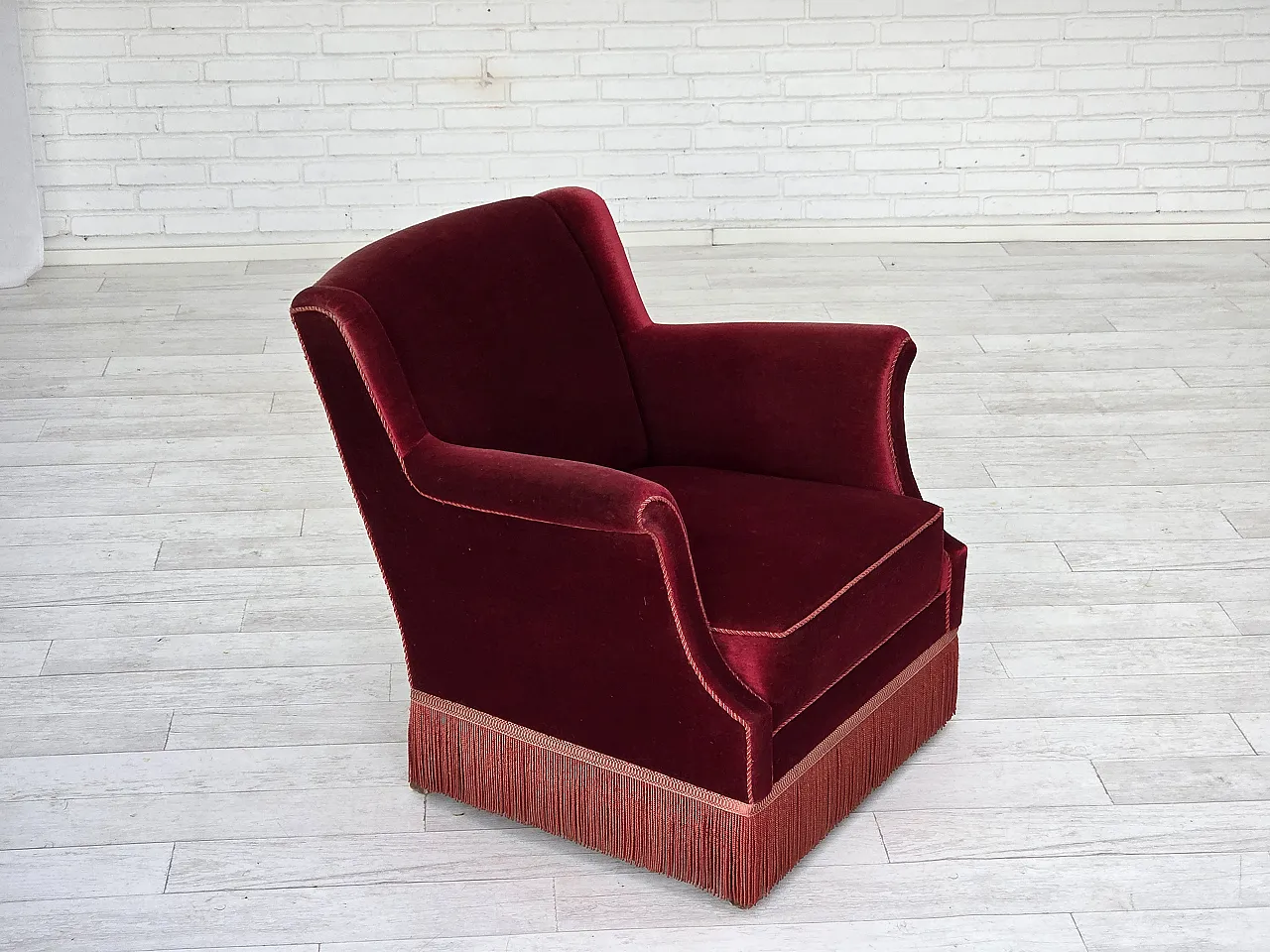 Danish armchair, cherry-red furniture velour, 1960s 10