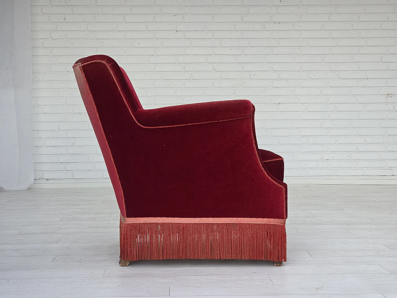 Danish armchair, cherry-red furniture velour, 1960s 11