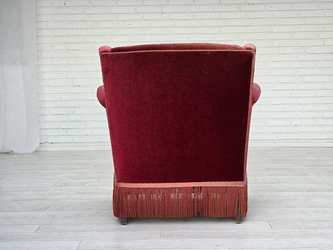 Danish armchair, cherry-red furniture velour, 1960s 13