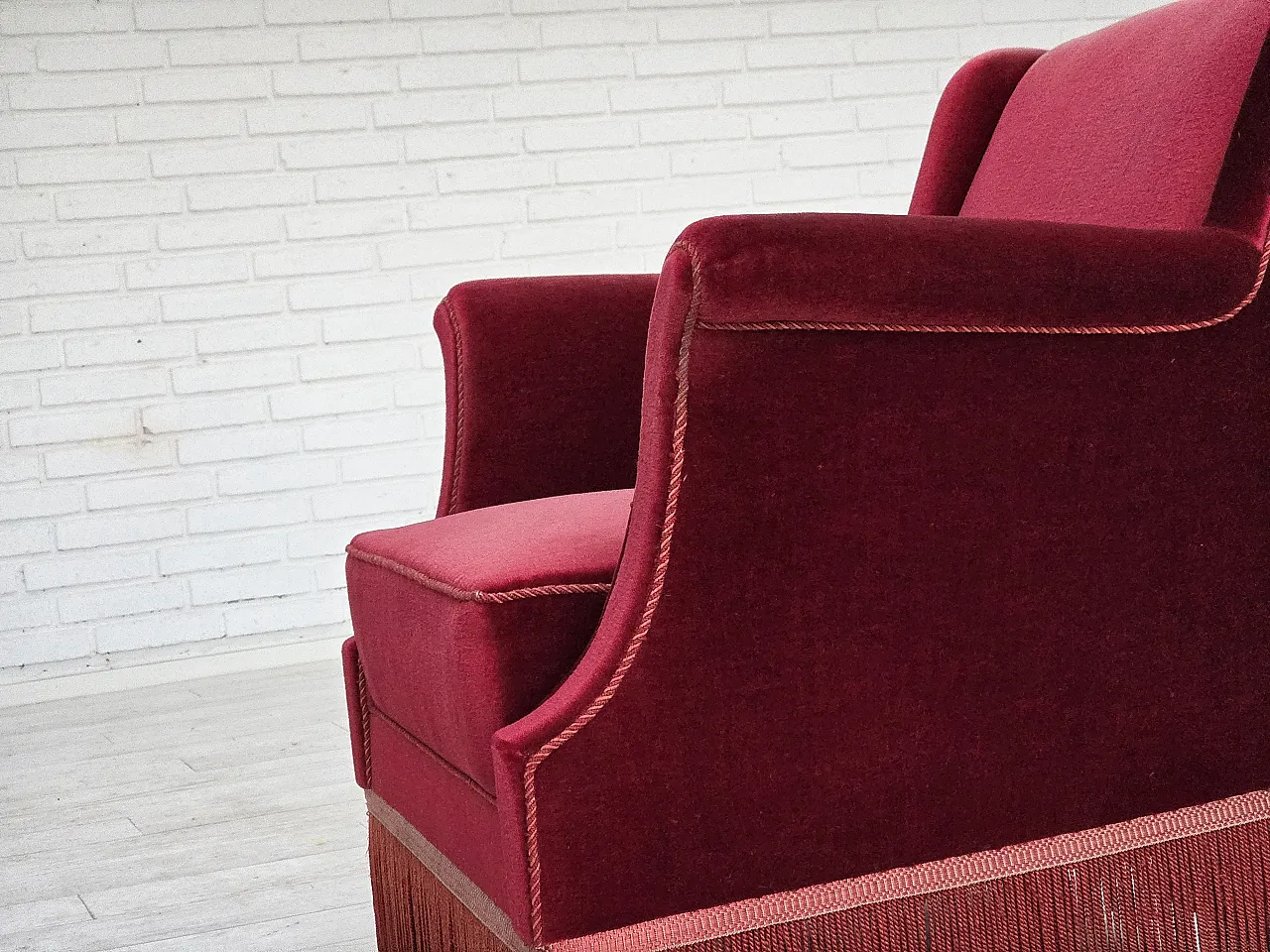 Danish armchair, cherry-red furniture velour, 1960s 15