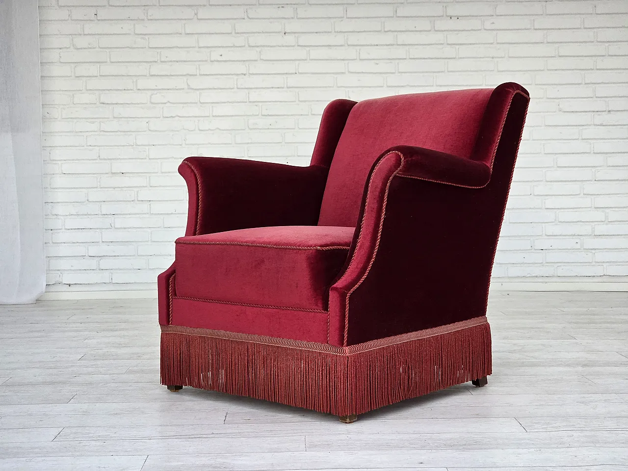 Danish armchair, cherry-red furniture velour, 1960s 16