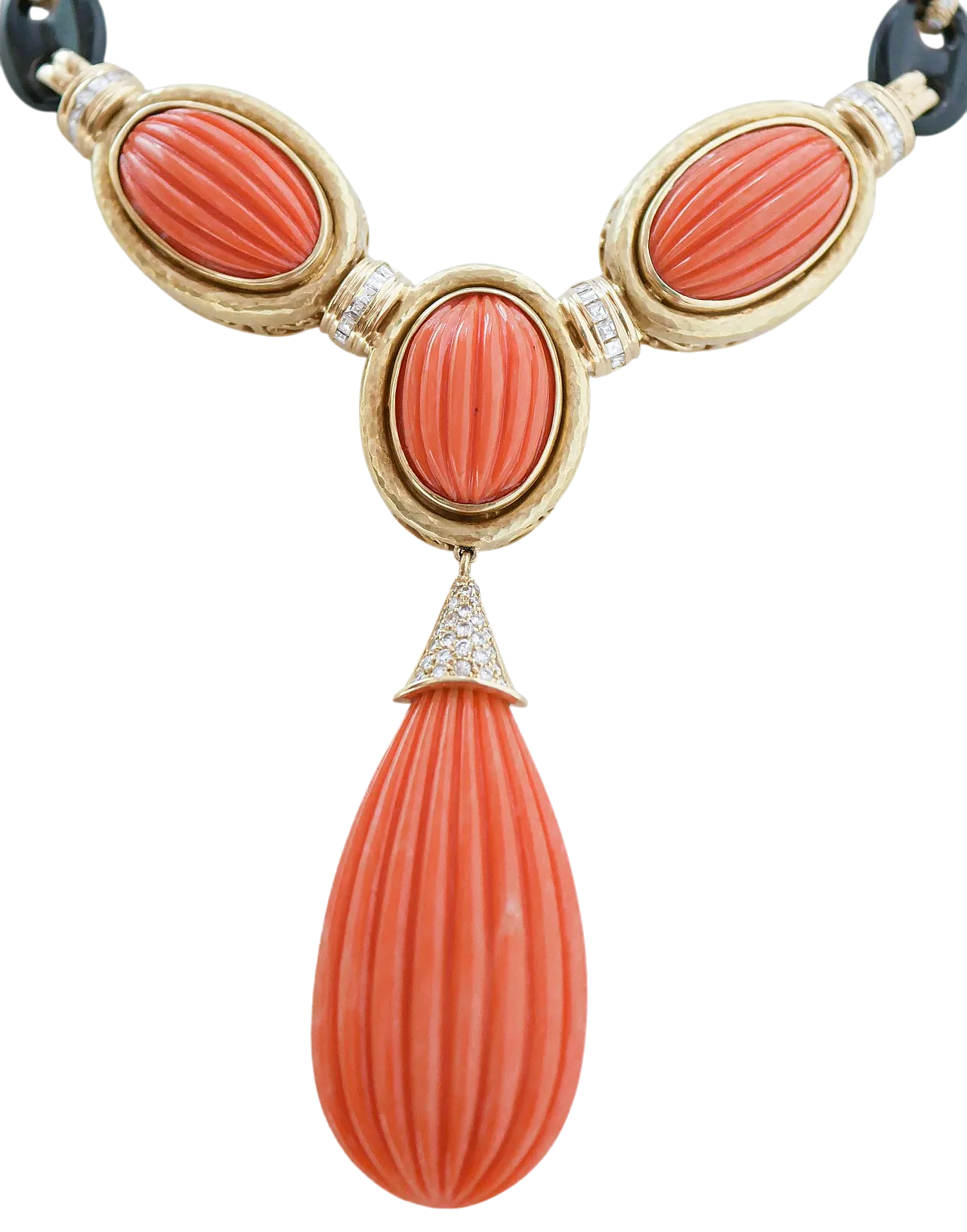 Yellow gold necklace with coral, onyx, diamonds, 1950s 7