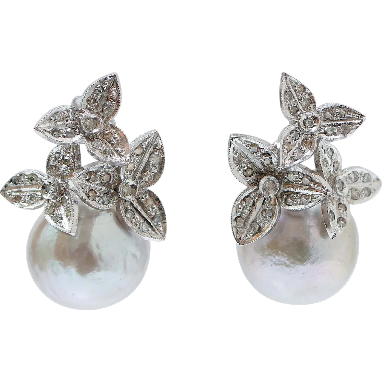 Orecchini con perle grigie, diamanti, platino, anni '70 6