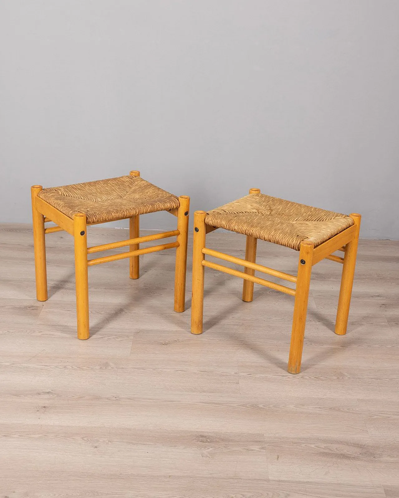 Pair of wooden and rope stools, 1970s 2