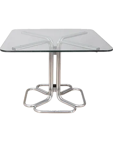 Tavolo quadrato in metallo cromato e vetro, anni '70
