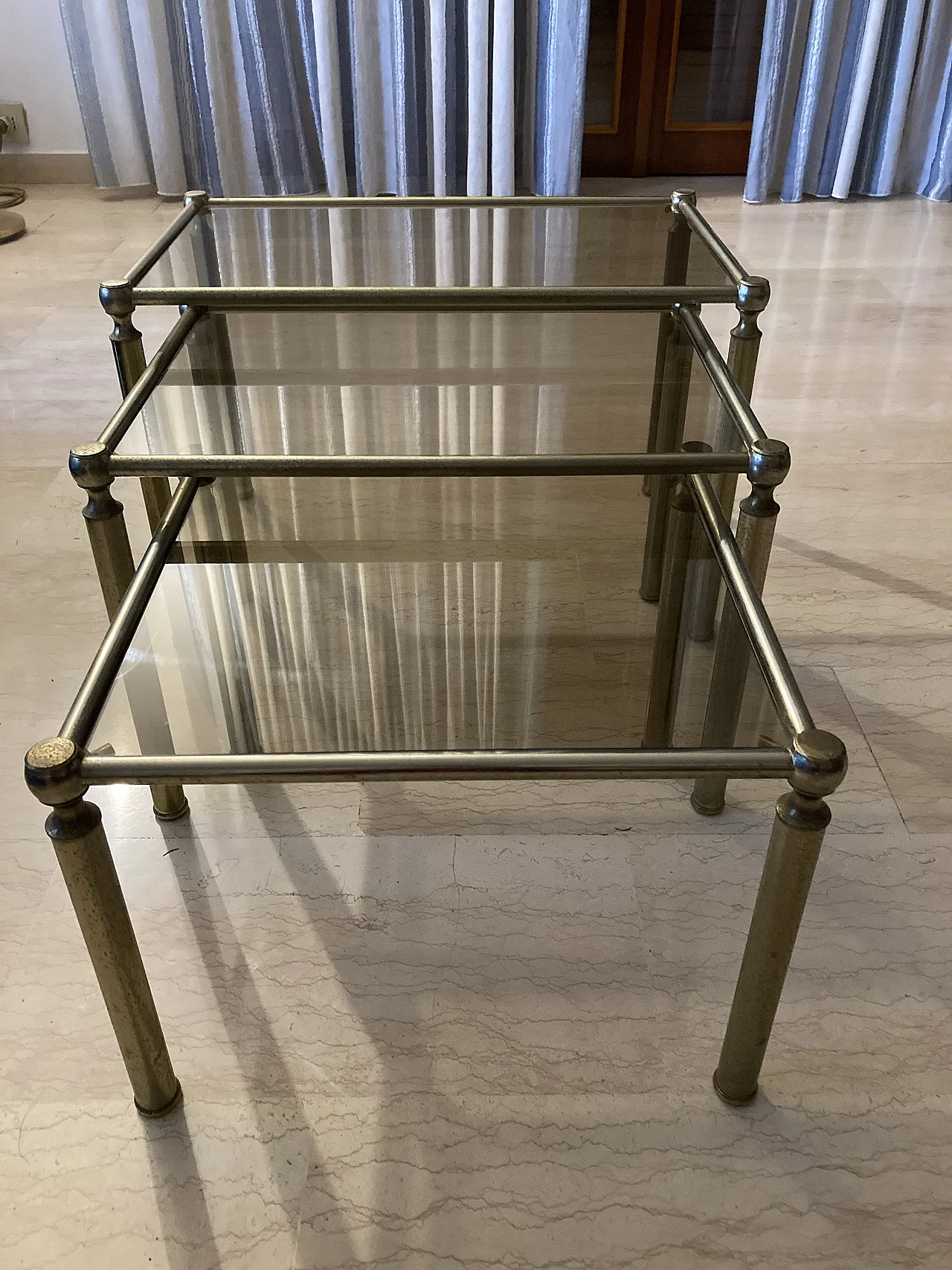 Set of 3 glass and brass side tables, 1970s 1