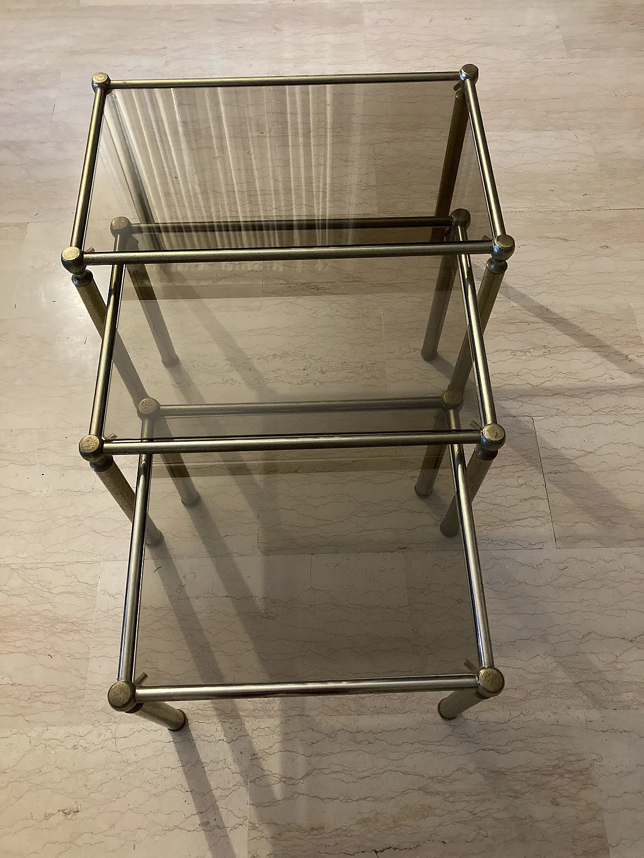 Set of 3 glass and brass side tables, 1970s 2