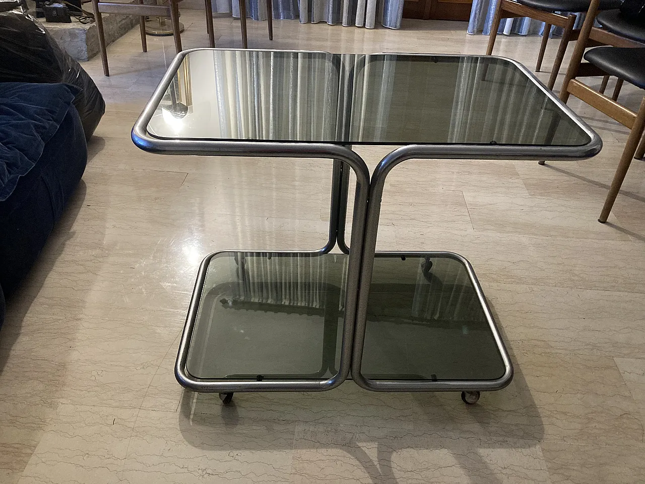 Chromed bar cart with double glass top, 1970s 1