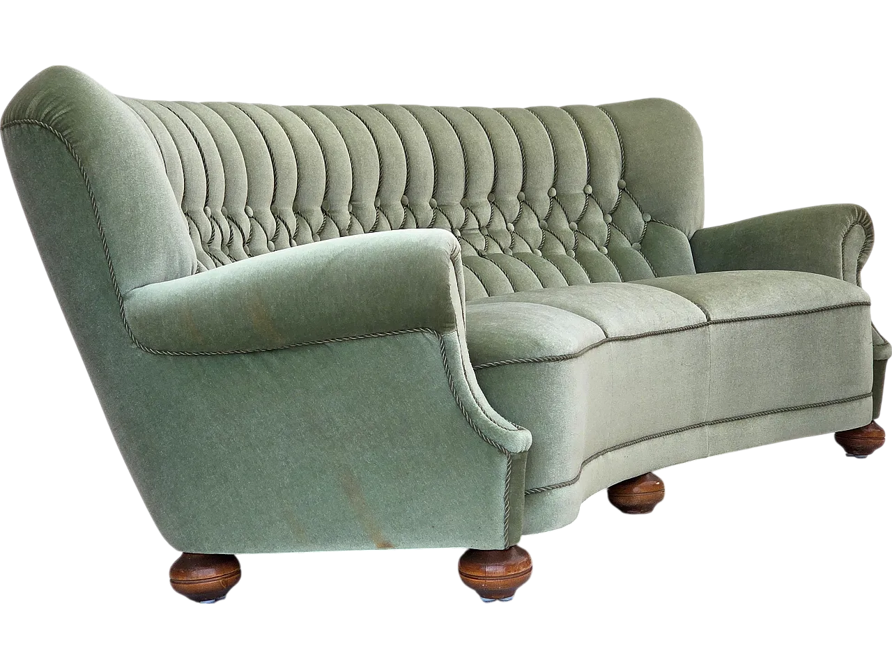 Danish 3-seater curved sofa velour, beech wood legs, 1970s 22